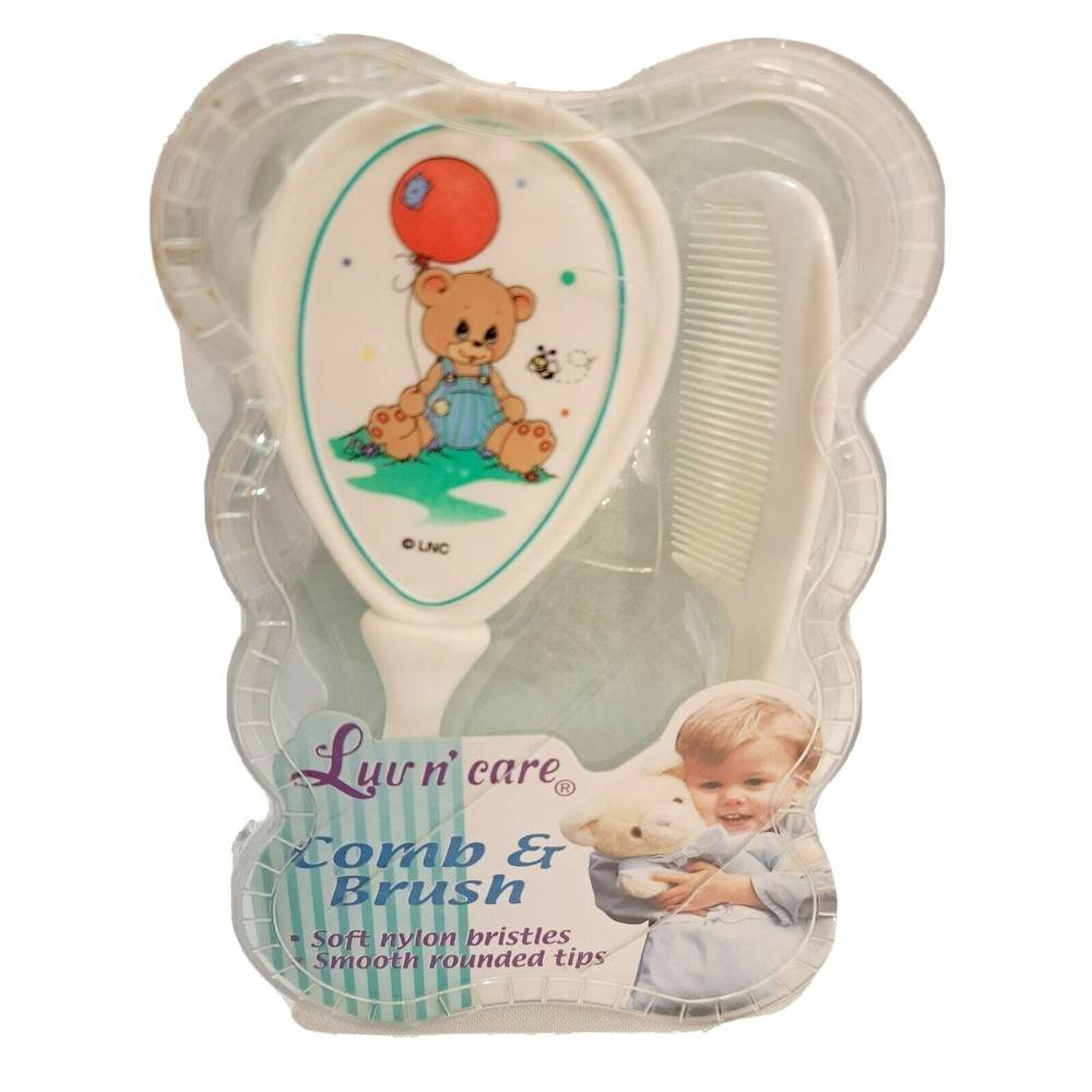 NOS Vintage LUV N CARE  Baby Hair Brush & Comb Set NIB  TEDDY BEAR with‎ BALLOON
